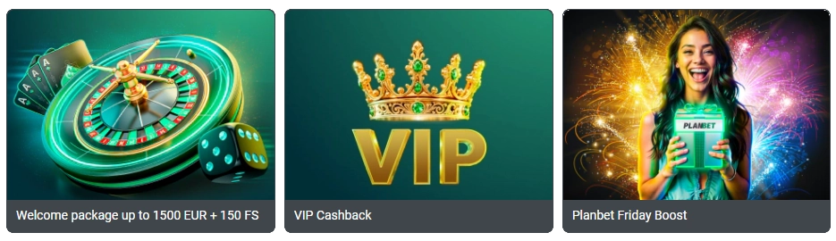 PlanBet : Welcome package up to 1500 EUR + 150 FS 3 Planbet casino promo