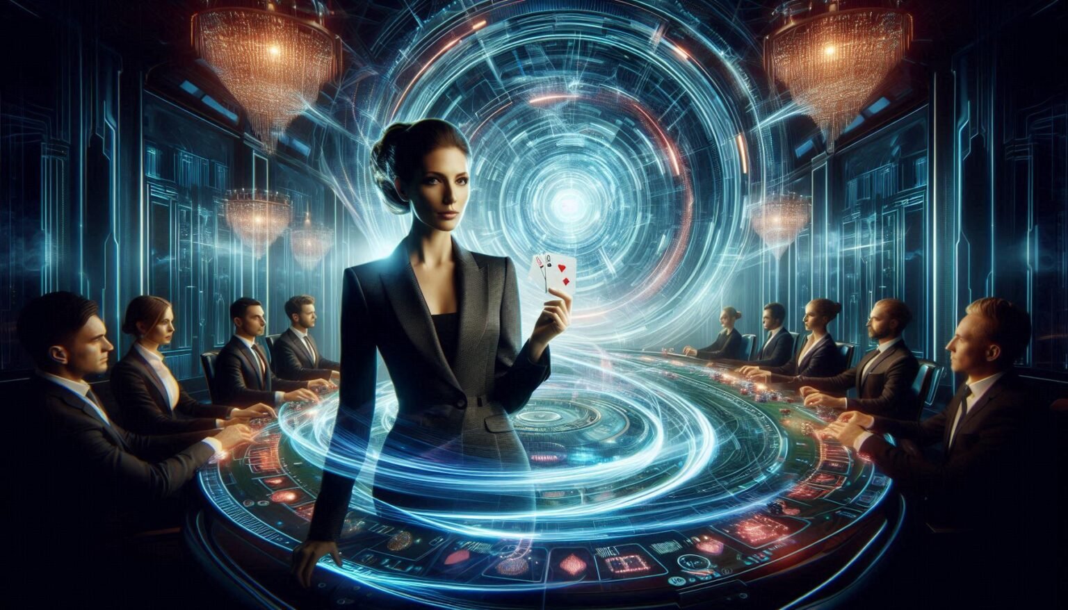 Stworz pelnoekranowa futurystyczna scene kasyna w stylu science fiction z intensywnym efektem swie 1