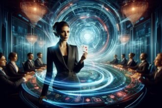 Stworz pelnoekranowa futurystyczna scene kasyna w stylu science fiction z intensywnym efektem swie 1