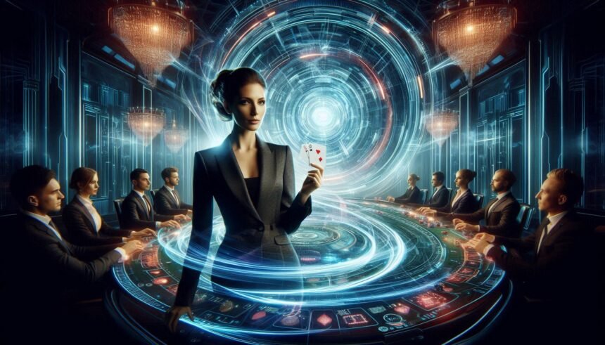 Stworz pelnoekranowa futurystyczna scene kasyna w stylu science fiction z intensywnym efektem swie 1