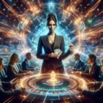 Stworz pelnoekranowa futurystyczna scene kasyna w stylu science fiction z intensywnym efektem swie 3