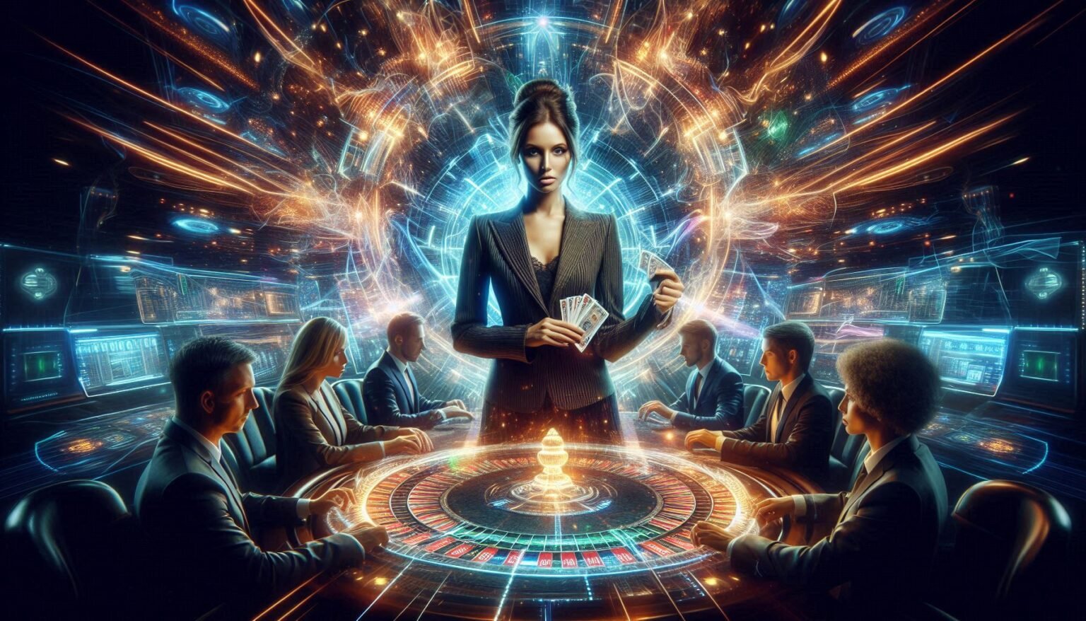 Stworz pelnoekranowa futurystyczna scene kasyna w stylu science fiction z intensywnym efektem swie 3