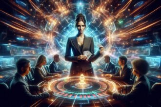 Stworz pelnoekranowa futurystyczna scene kasyna w stylu science fiction z intensywnym efektem swie 3